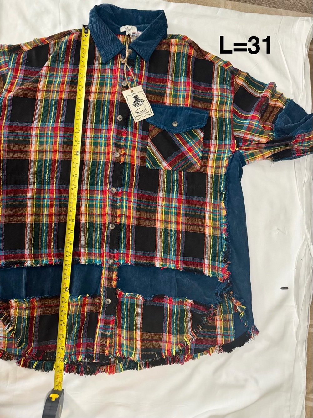 easel Multicolor Plaid Button-Down Shacket with Blue Corduroy Trim - Picture 9 of 10